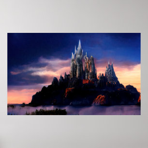 Póster Castillo de cuento de hadas sombrío en una montaña