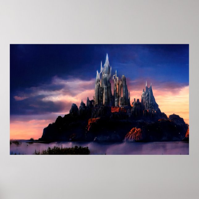 Póster Castillo de cuento de hadas sombrío en una montaña (Frente)