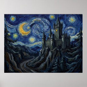 Póster Castillo de Drácula Noche Estrellada Paisaje de Te