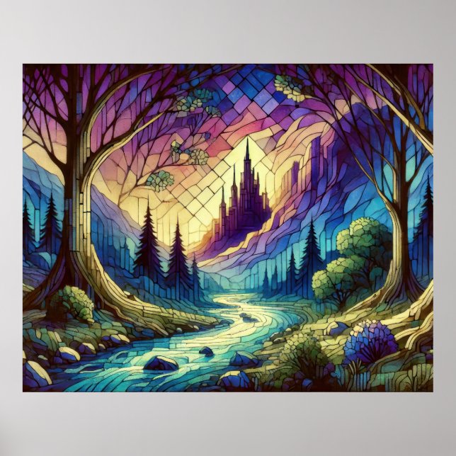 Póster Castillo de fantasía con bosque encantado y río (Frente)