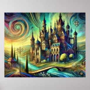 Póster Castillo de fantasía con cielo giratorio y río flu