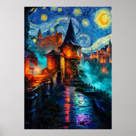 Póster Castillo de Fantasía Nocturna Estrellada Pintura a
