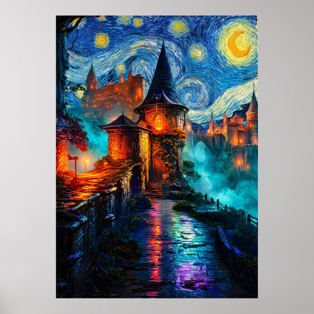 Póster Castillo de Fantasía Nocturna Estrellada Pintura a (Frente)