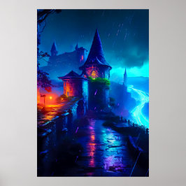 Póster Castillo de fantasía oscura neon cyberpunk río
