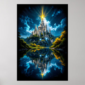 Póster Castillo de fantasía reflejado en el lago con luz