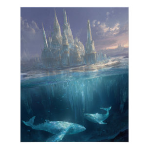 Póster Castillo de Hielo Flotante Con Ballenas del Océano