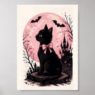 Póster Castillo de Luna Llena Rosa Gato Negro