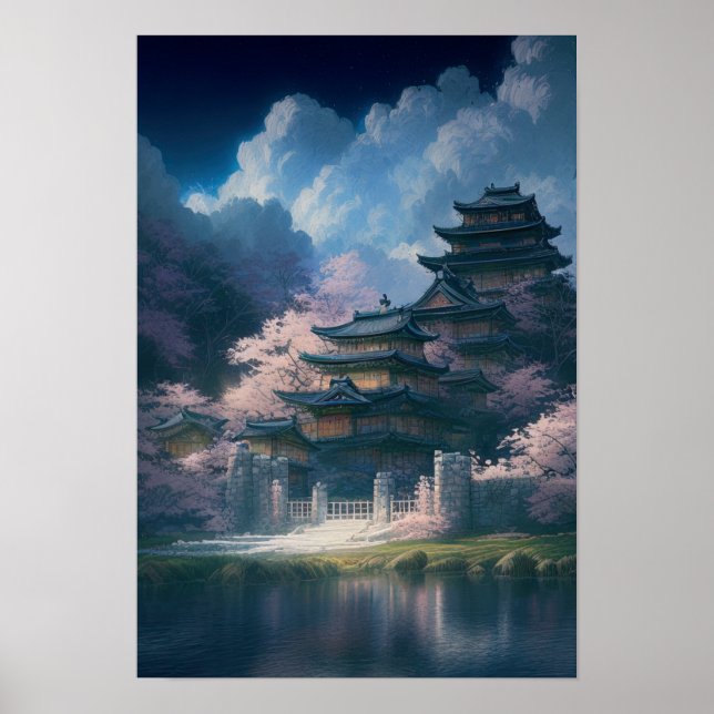Póster Castillo de madera japonesa por lago tranquilo (Frente)
