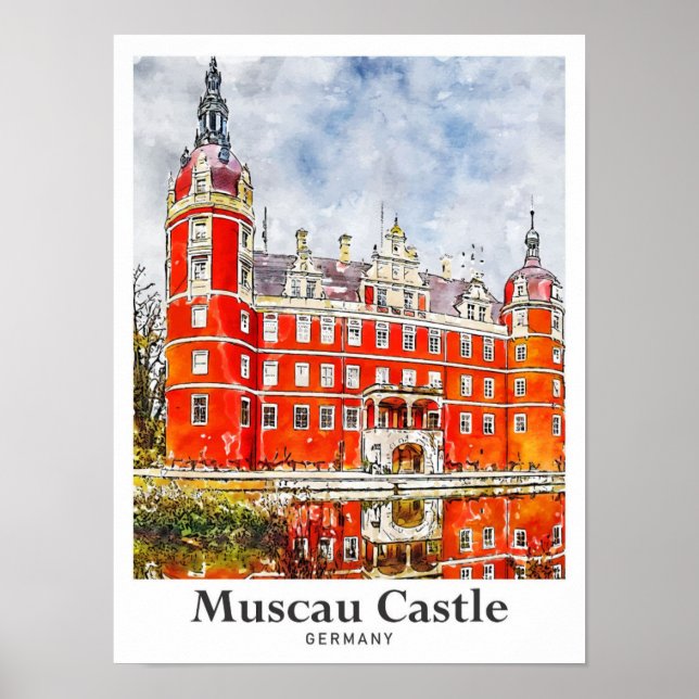 Póster Castillo de Muscau Alemania Mano de agua de viaje (Frente)