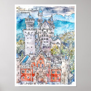 Póster Castillo de Neuschwastein Alemania Viajes Acuarela