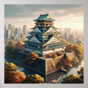 Póster Castillo de Osaka paisaje de Japón viaje vintage