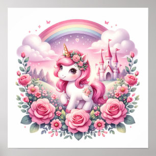 Póster Castillo de Unicornio rosa y cuento de hadas