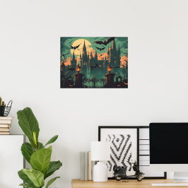 Póster Castillo de vampiros gótico bajo la luna llena