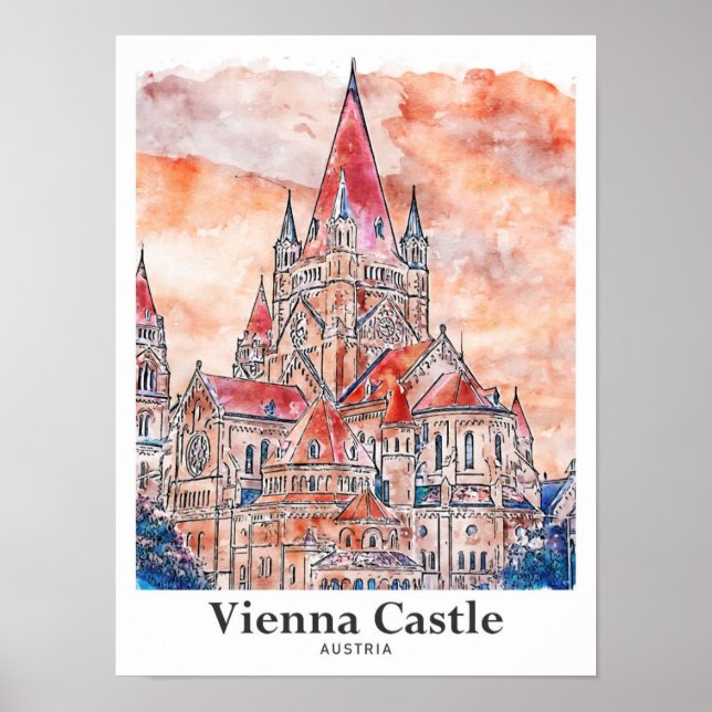 Póster Castillo de Viena Austria Mano acuática de viaje (Frente)
