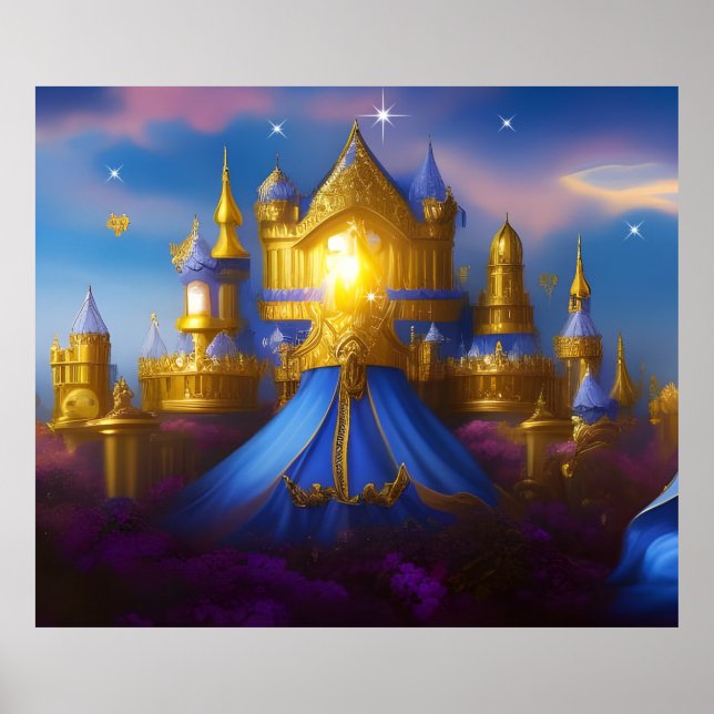 Póster Castillo Dorado oro azul fantasía mágico (Frente)