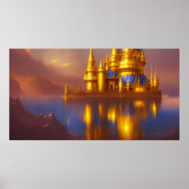 Póster Castillo dorado oro azul fantasía mágico 3