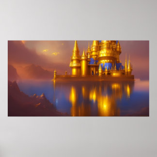 Póster Castillo dorado oro azul fantasía mágico 3