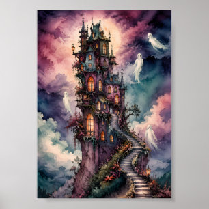 Póster Castillo Embrujado Caprichoso Luna Llena Whimsigot