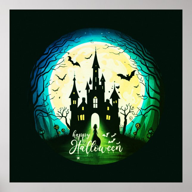 Póster Castillo Embrujado Feliz Halloween Espeluznante (Frente)