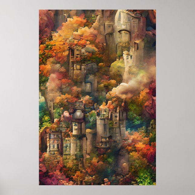 Póster Castillo En Bosque, Selva De Fantasía, Otoño Otoño (Frente)