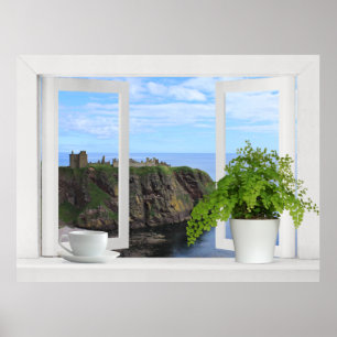 Póster Castillo en Escocia -- Vista de ventana abierta a