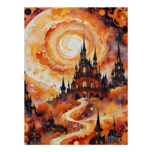 Póster Castillo espiral espumoso - Naranja de Halloween