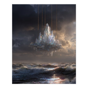 Póster Castillo flotante sobre fantasía de mar tormentoso