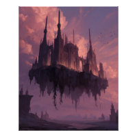 Castillo gótico flotante en crepúsculo rosa
