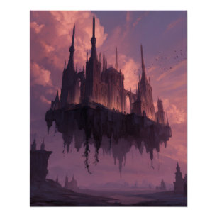 Póster Castillo gótico flotante en crepúsculo rosa