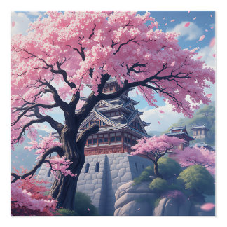 Póster Castillo Japonés en Primavera de Flor de Cerezo –
