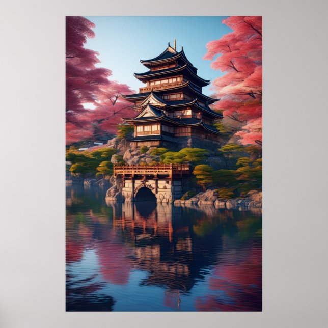 Póster Castillo japonés junto al agua (Frente)