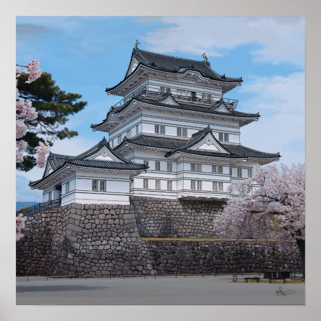Póster Castillo japonés, Odawara, ilustracion sakura (Frente)