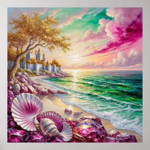 Póster Castillo Mágico en la Playa al Atardecer
