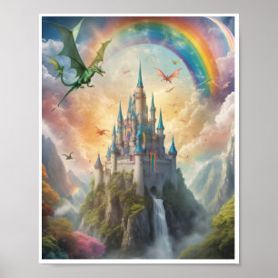 Póster Castillo mágico volar dragones hadas arco iris