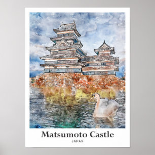 Póster Castillo Matsumoto Sketch de acuarela de viaje de 