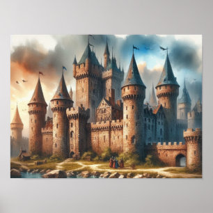 Póster Castillo medieval a orillas de un río tranquilo al