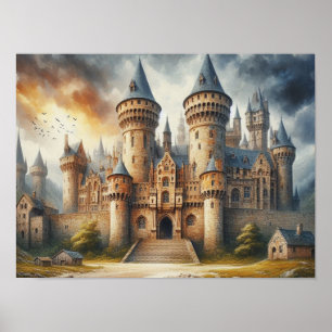 Póster Castillo medieval al atardecer con cielos atmosfér