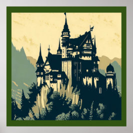 Póster Castillo medieval de Fantasy - Woodcut 1