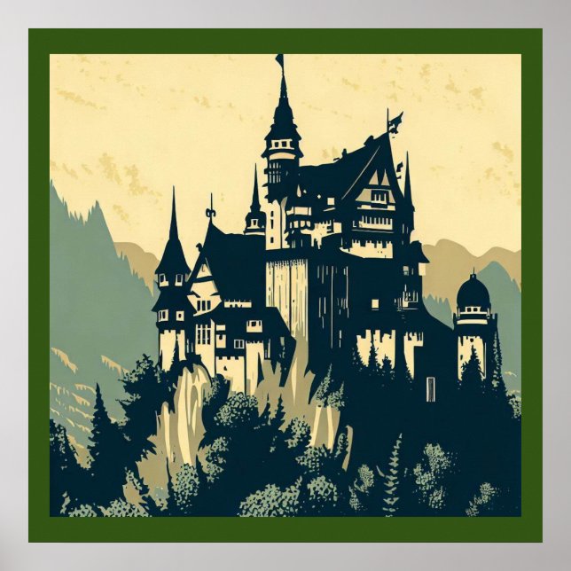 Póster Castillo medieval de Fantasy - Woodcut 1 (Frente)