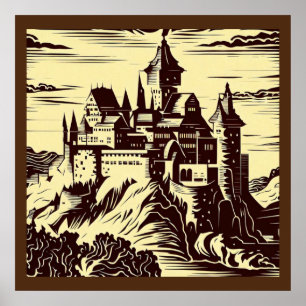 Póster Castillo medieval de Fantasy - Woodcut 2