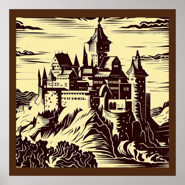 Póster Castillo medieval de Fantasy - Woodcut 2 (Frente)