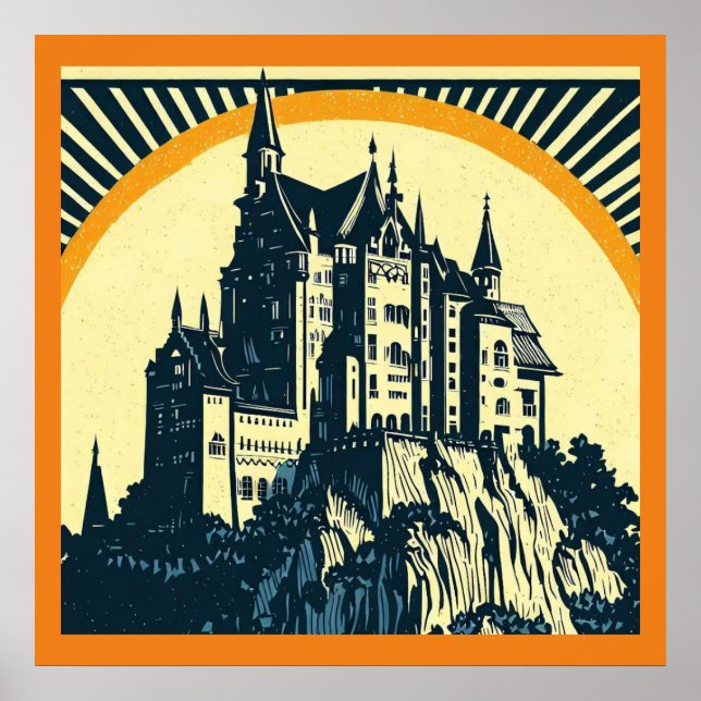 Póster Castillo medieval de Fantasy - Woodcut 3 (Frente)