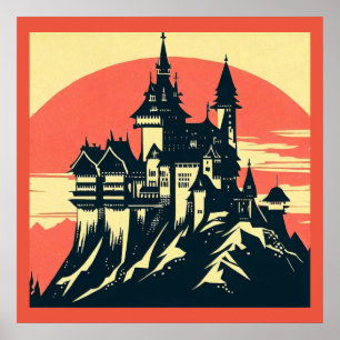 Póster Castillo medieval de Fantasy - Woodcut 4