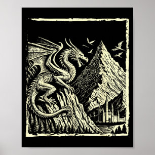 Póster Castillo Medieval Dragón Montaña Hombres Mujeres M