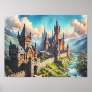 Póster Castillo medieval en un paisaje montañoso
