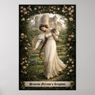 Póster Castillo Medieval y Princesa Recogiendo Flores