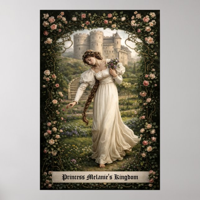 Póster Castillo Medieval y Princesa Recogiendo Flores (Frente)