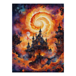 Póster Castillo Nocturno Naranja de Halloween