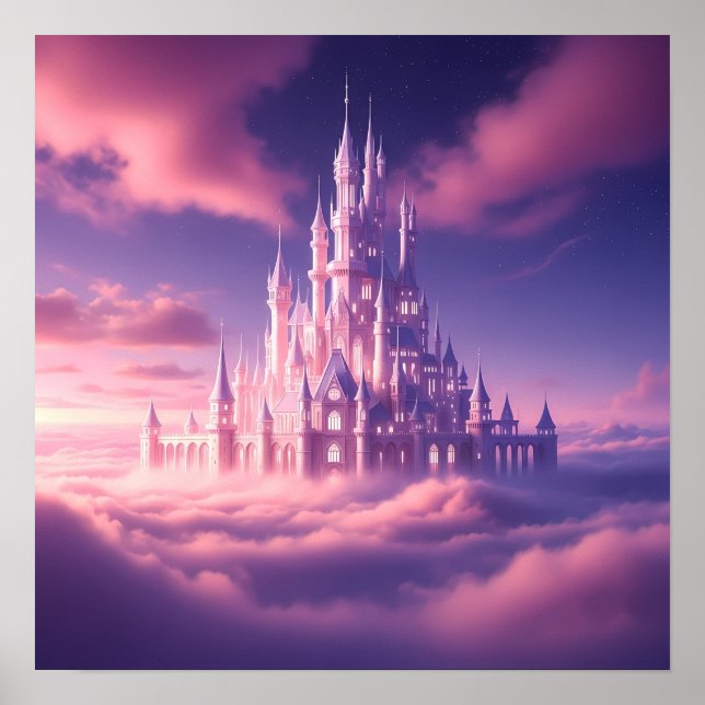 Póster Castillo Rosa Encantado Sobre las Nubes Soñadoras (Frente)