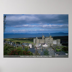 Póster Castillo y pueblo, Gwynedd, Wale septentrional de